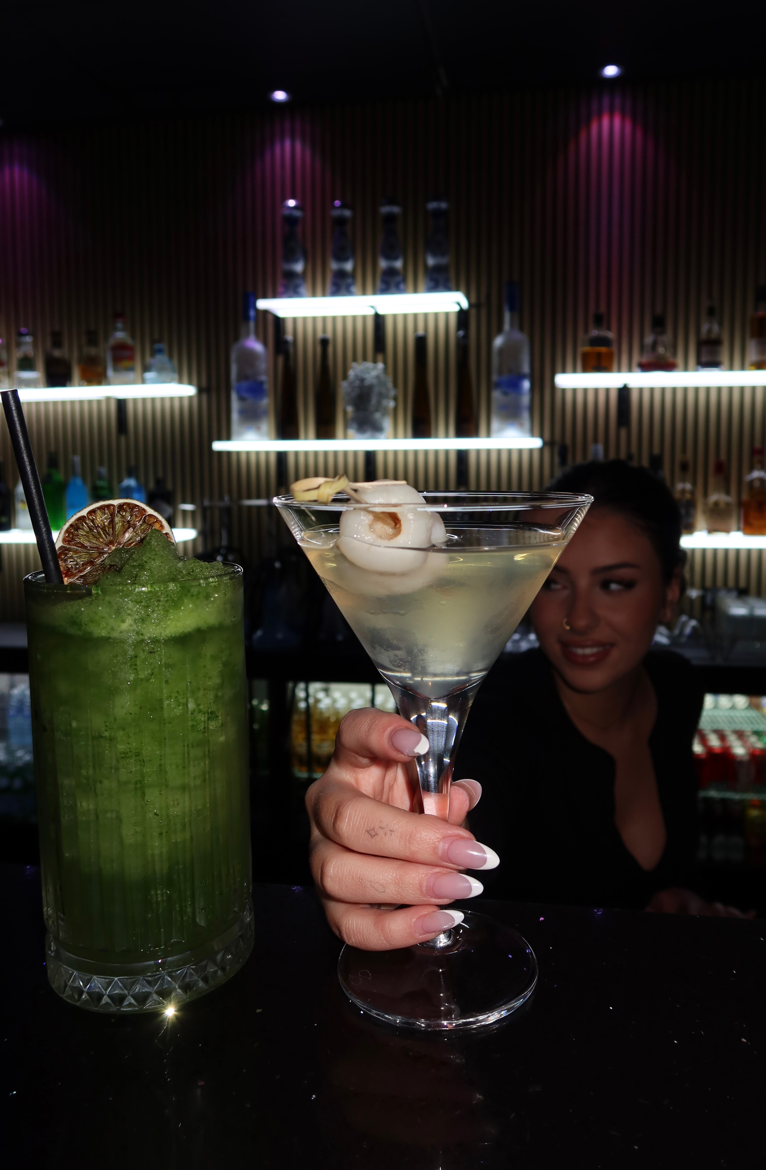 Lychee martini and green cocktail at the Medusa Lounge bar