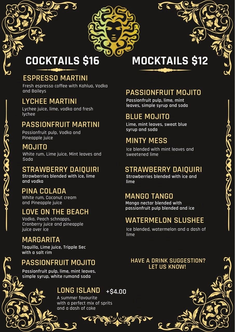 Cocktails and mocktails menu