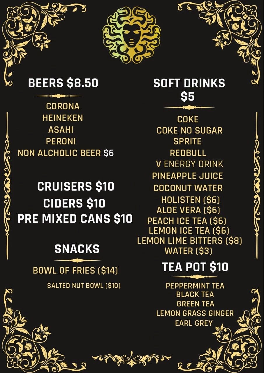 Beers, soft drinks and snacks menu