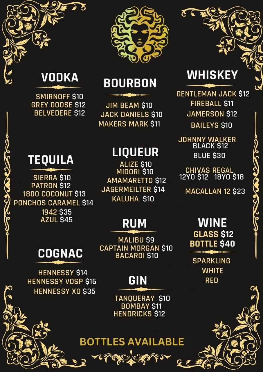 Spirits and liquor menu